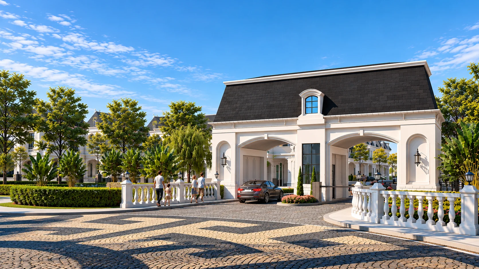 Gerbang masuk cluster dengan paving motif dan pagar balustrade